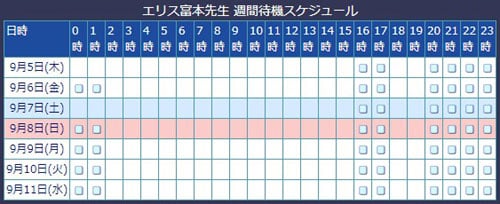 電話占いウィル所属のエリス富本先生のスケジュール